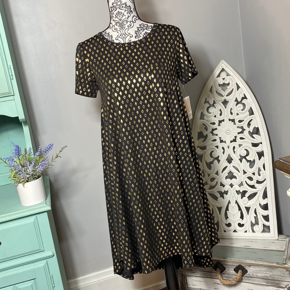 Lularoe Carly Dress Elegant Collection Black w/ Gold Shimmer Size XS NWT